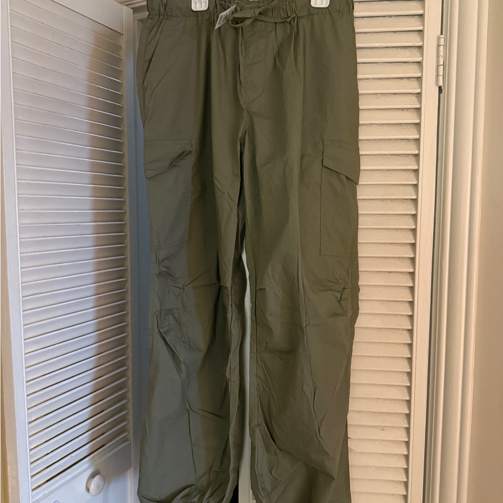 Olive Green Women's Wide Leg Drawstring Cargo Pants, NWT, High Rise, Large